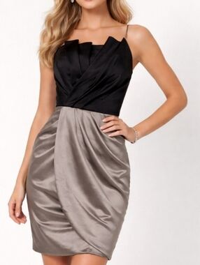 White Vera Wang Two-Tone Satin Cocktail Dress in Black & Taupe Size 10